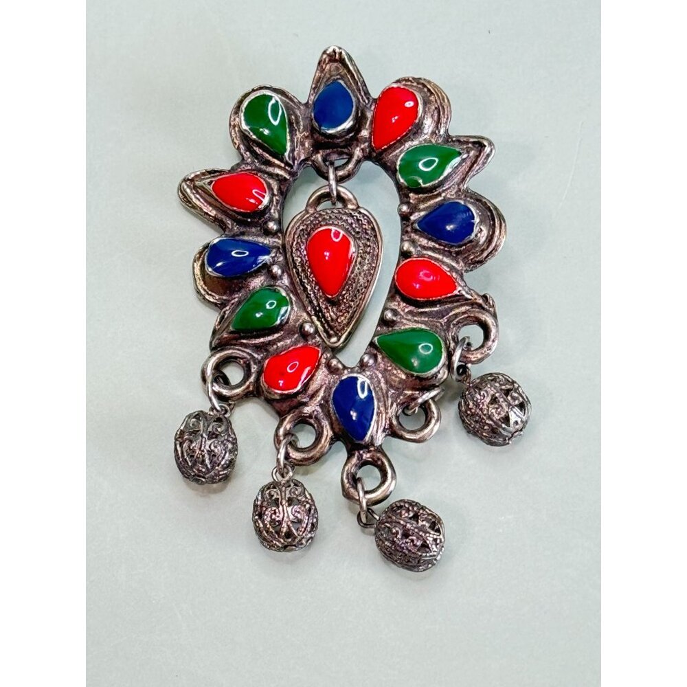 Unsigned Vintage Multicolor Teardrop Brooch With Dangling Charms 3" - Picture 2 of 5
